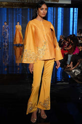 Mustard Chanderi Silk Hand Embroidered Cape Jacket Set